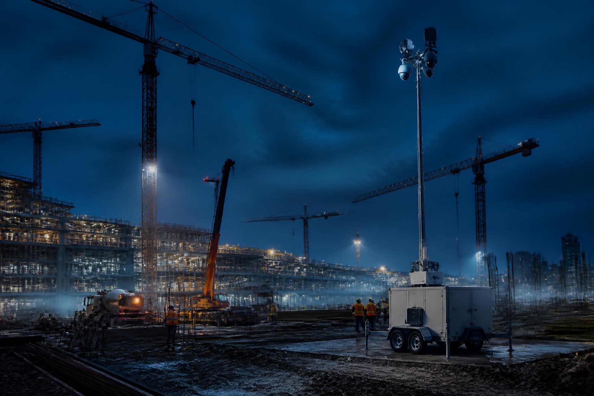 Mobile Videoüberwachung auf einer Baustelle – ProTec Solutions Videoturm Mobiler ProTec Videoturm mit PTZ-Kameras auf einer Großbaustelle in der Dämmerung, im Hintergrund beleuchtete Baukrane